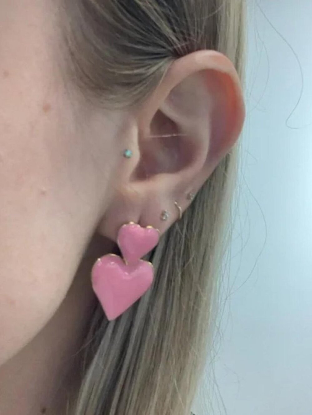 The Barbie pastel pink and gold stud earrings enamel heart dangling